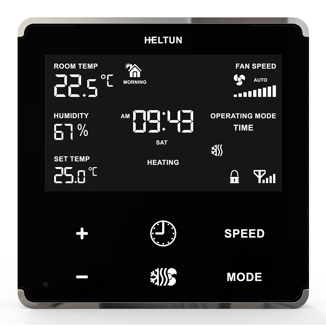 HELTUN HE-FT01 Fan Coil Thermostat (Black glass Chrome frame)