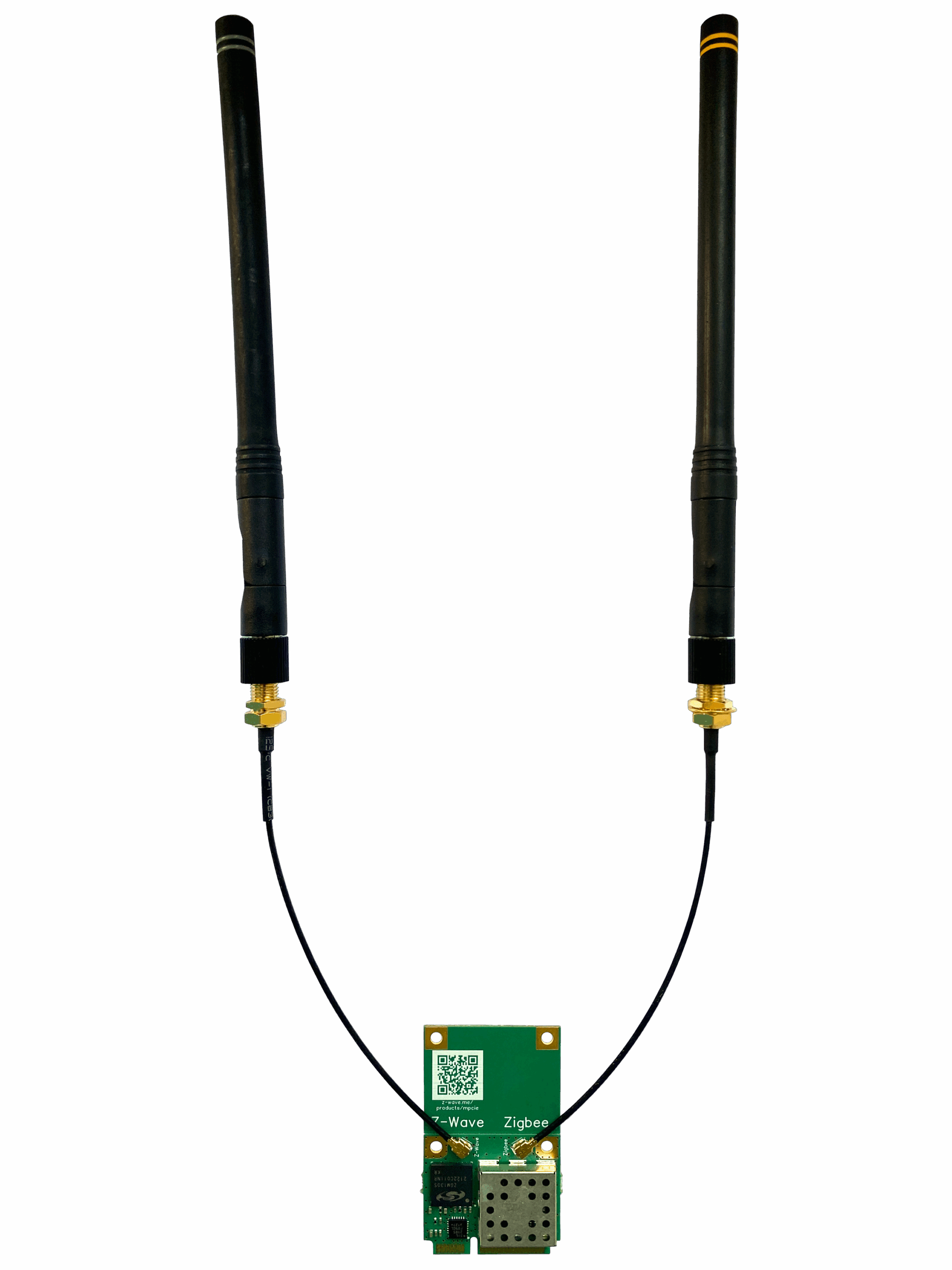 Z-Wave.Me mPCIe adaptor — Z-Wave & Zigbee/Thread mPCIe extension board (front view with antennas connected)
